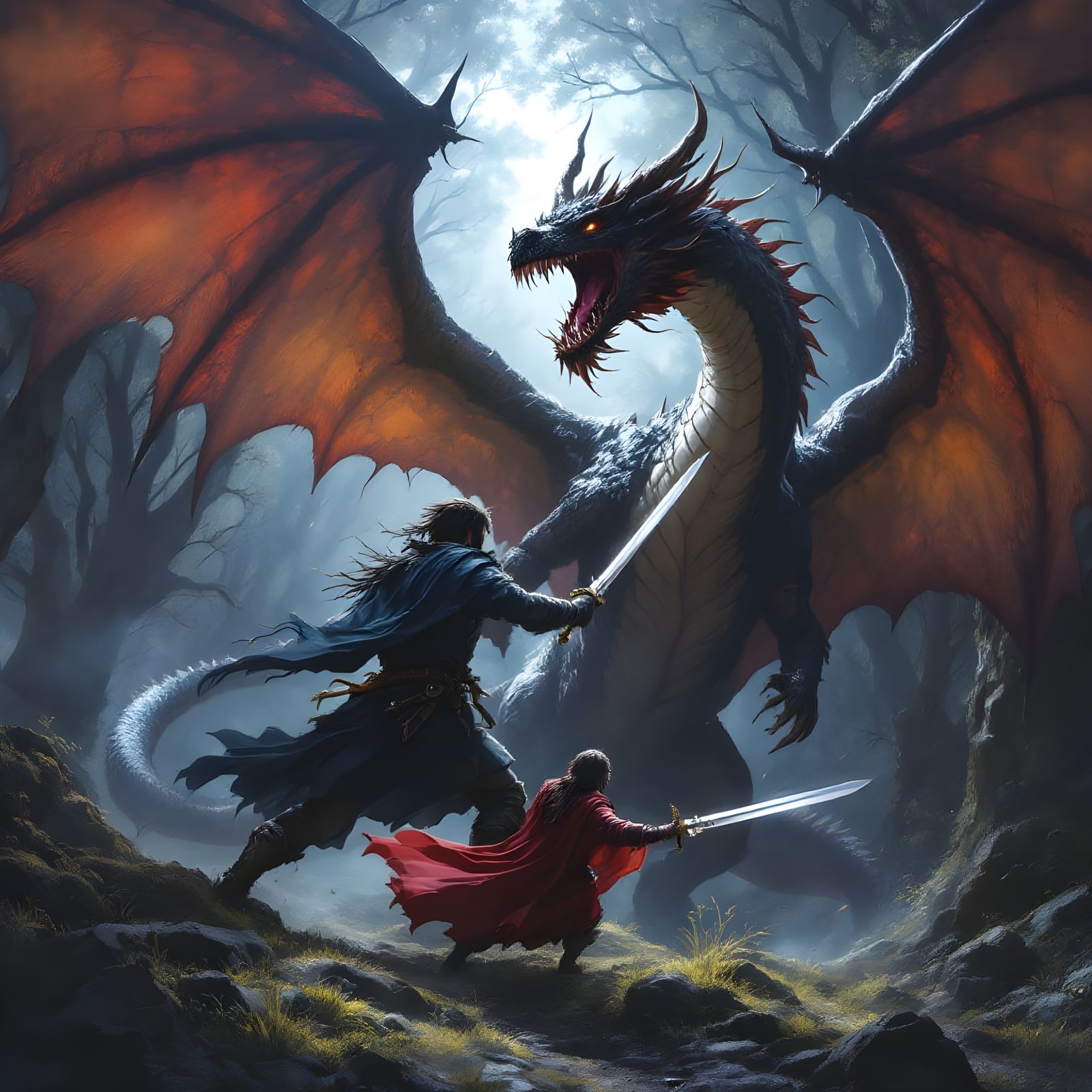 Ethereal Warrior Battles Fiery Dragon in Dark Forest