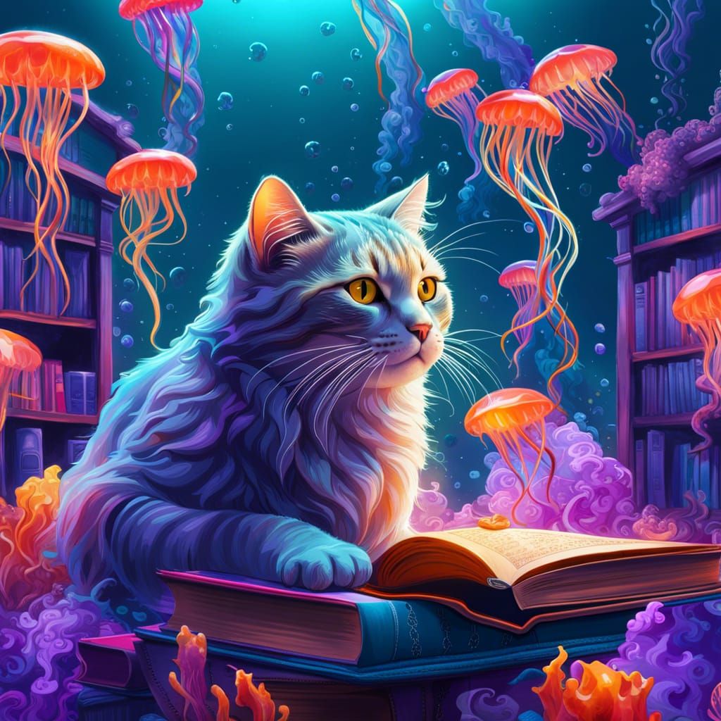 Cat in Underwater Library with Jellyfish, 4K