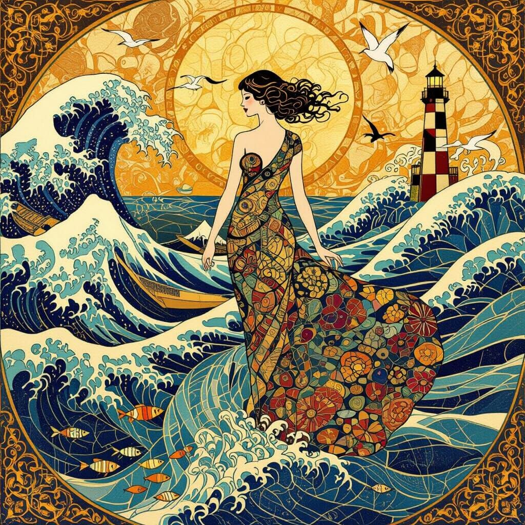 Ethereal Woman Dissolving into Ocean Waves