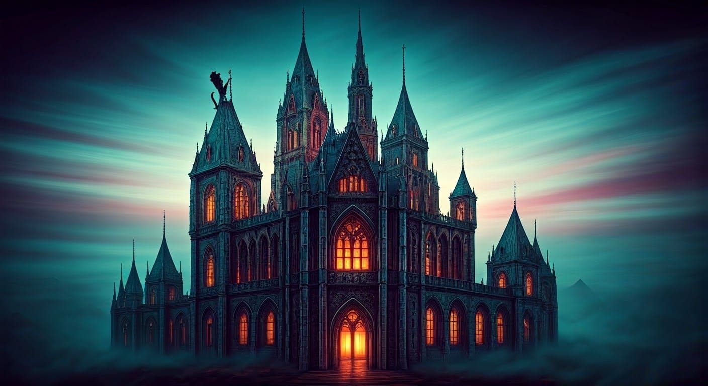 Mystical Gothic Castle with Cat, in Digital Art Style