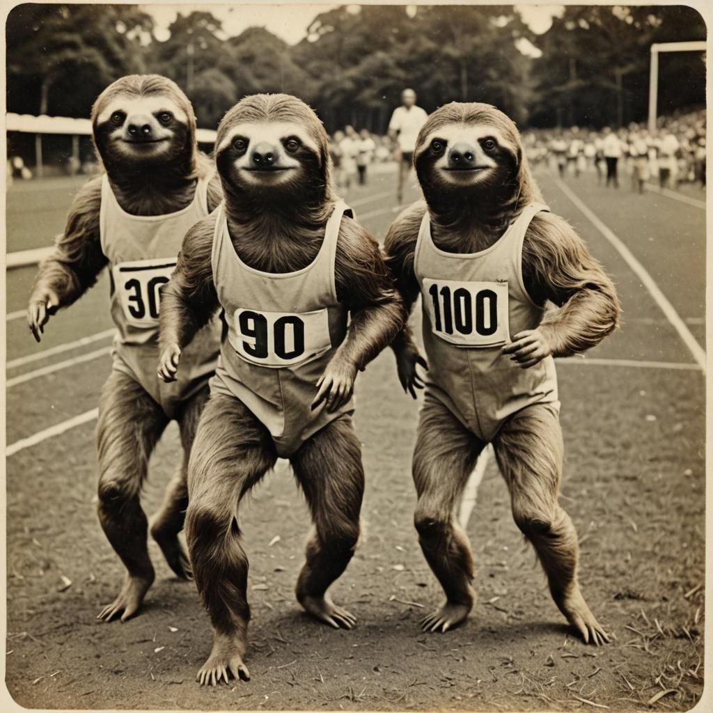 Sloth Athletes Sprinting: A Vintage Instant Photo