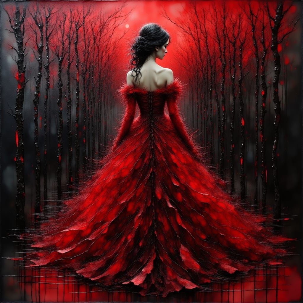 <lora:Ink Poet:1.0> A full-length glass dress shows beautiful red and black colors. intricate details, HDR, beautifully ...