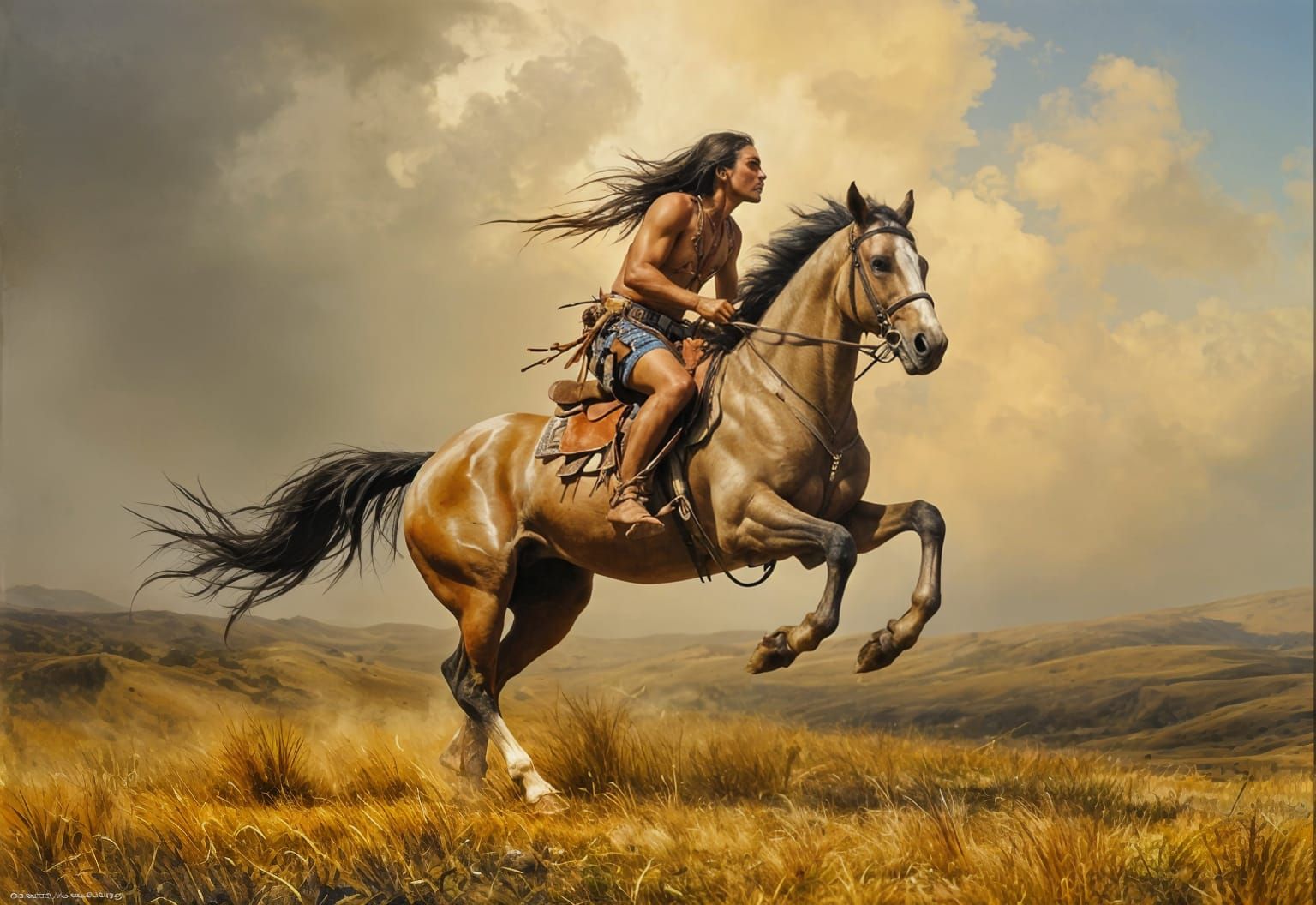 Native American Warrior on Horseback: Oil Painting