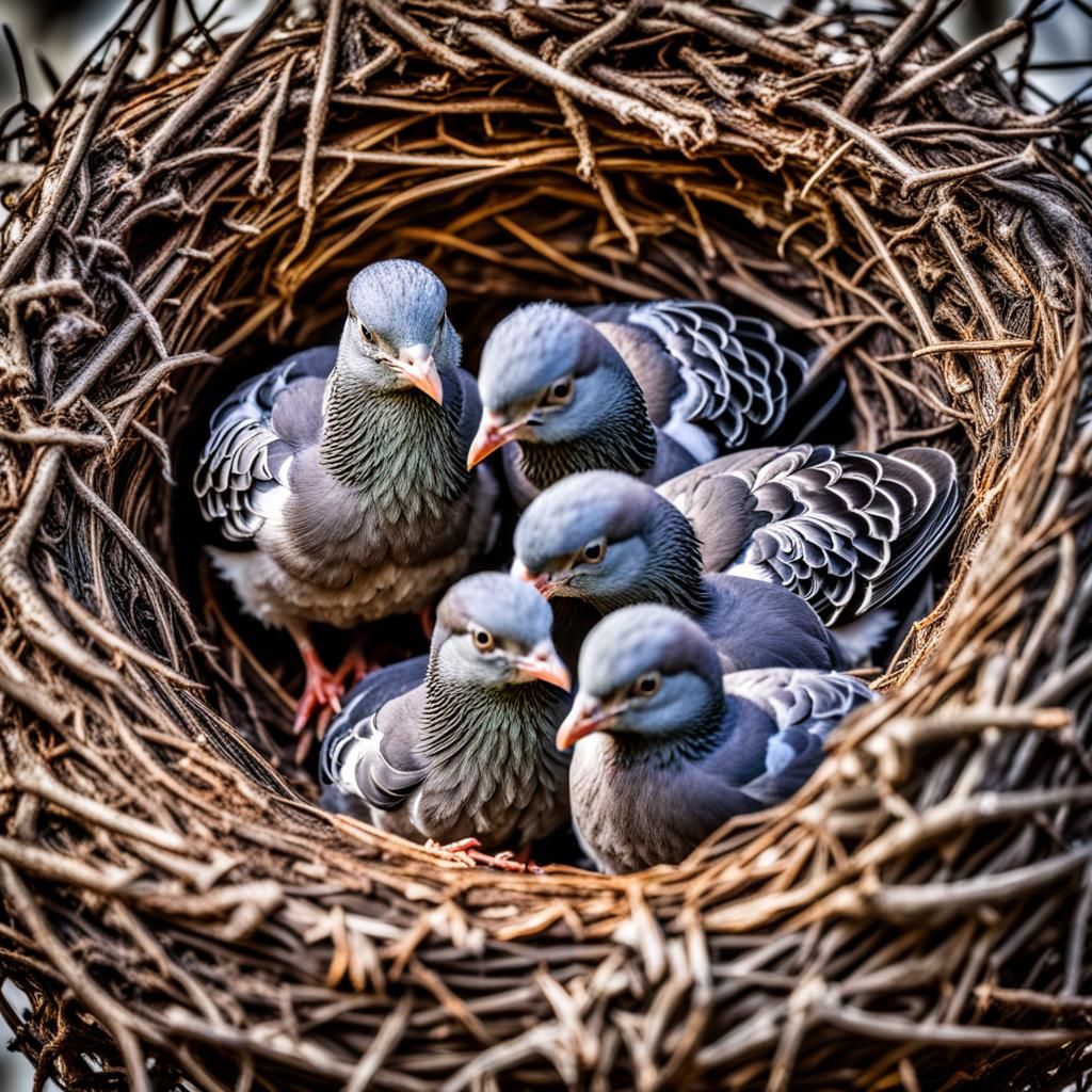 Hyperrealistic Image of Hungry Baby Pigeons in Nest