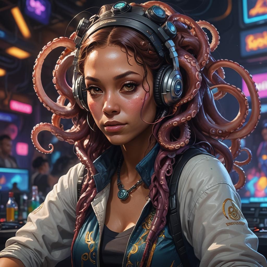Octopus DJ in Cyberpunk Nightclub, Detailed Digital Art