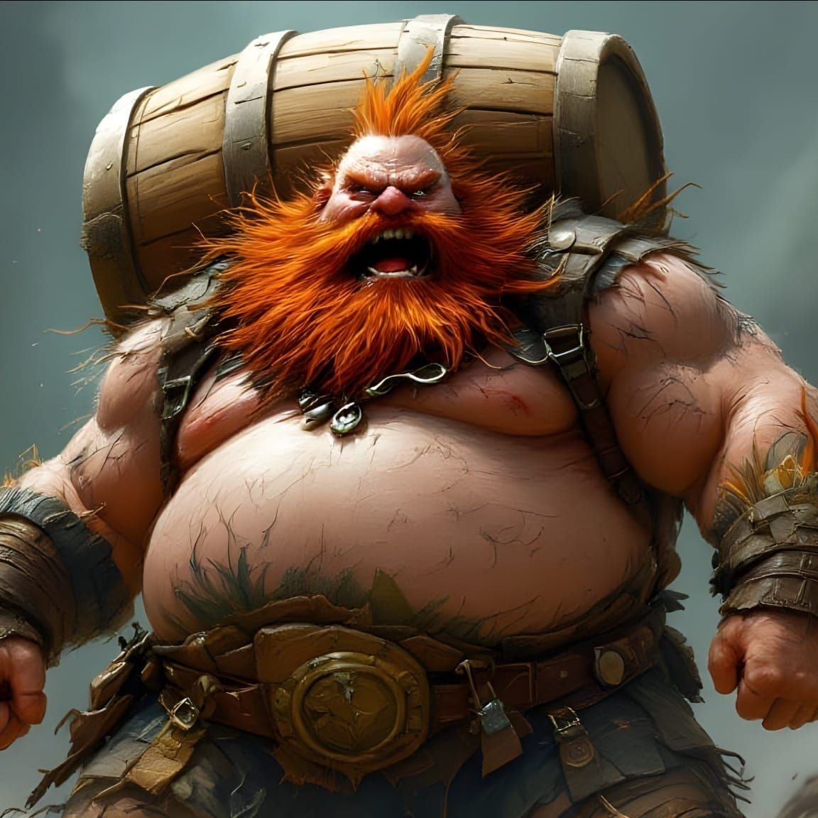Chubby Barbarian in Leather Armor with Wild Red Hair and Bea...