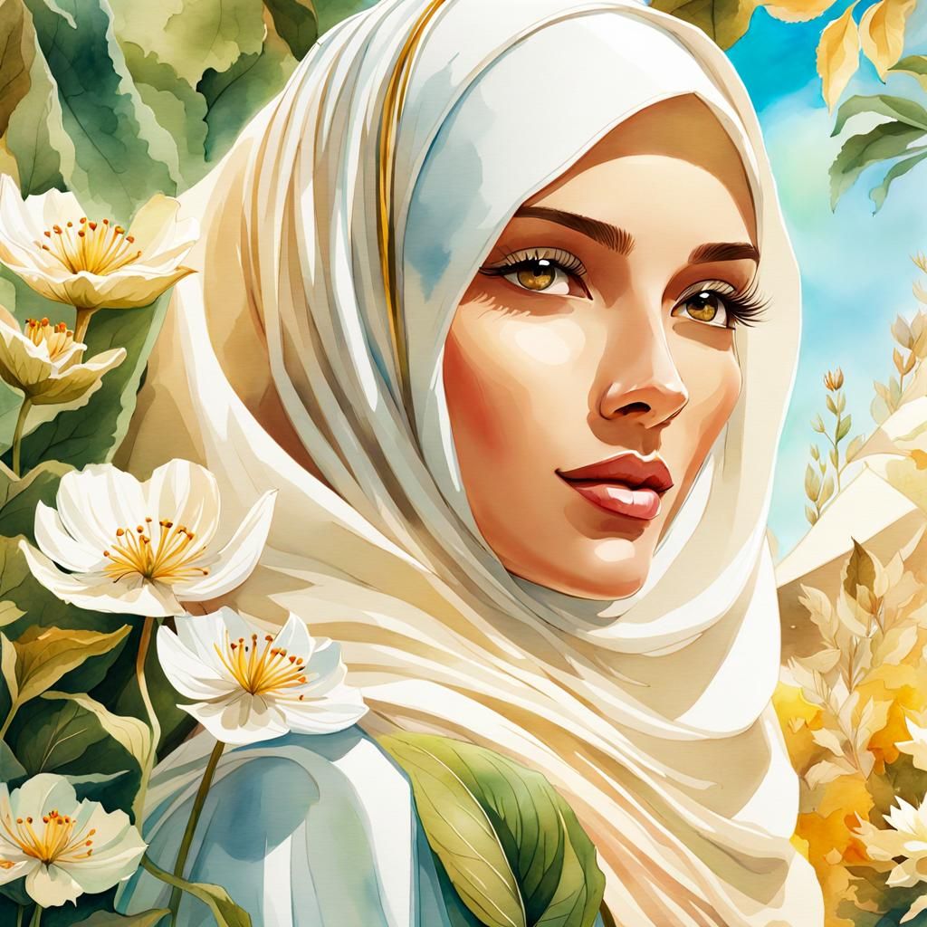 Beautiful Fairy in Hijab Watercolor Illustration
