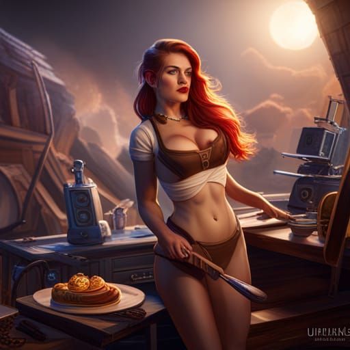 Pinup Woman Baking: Detailed Fantasy Concept Art