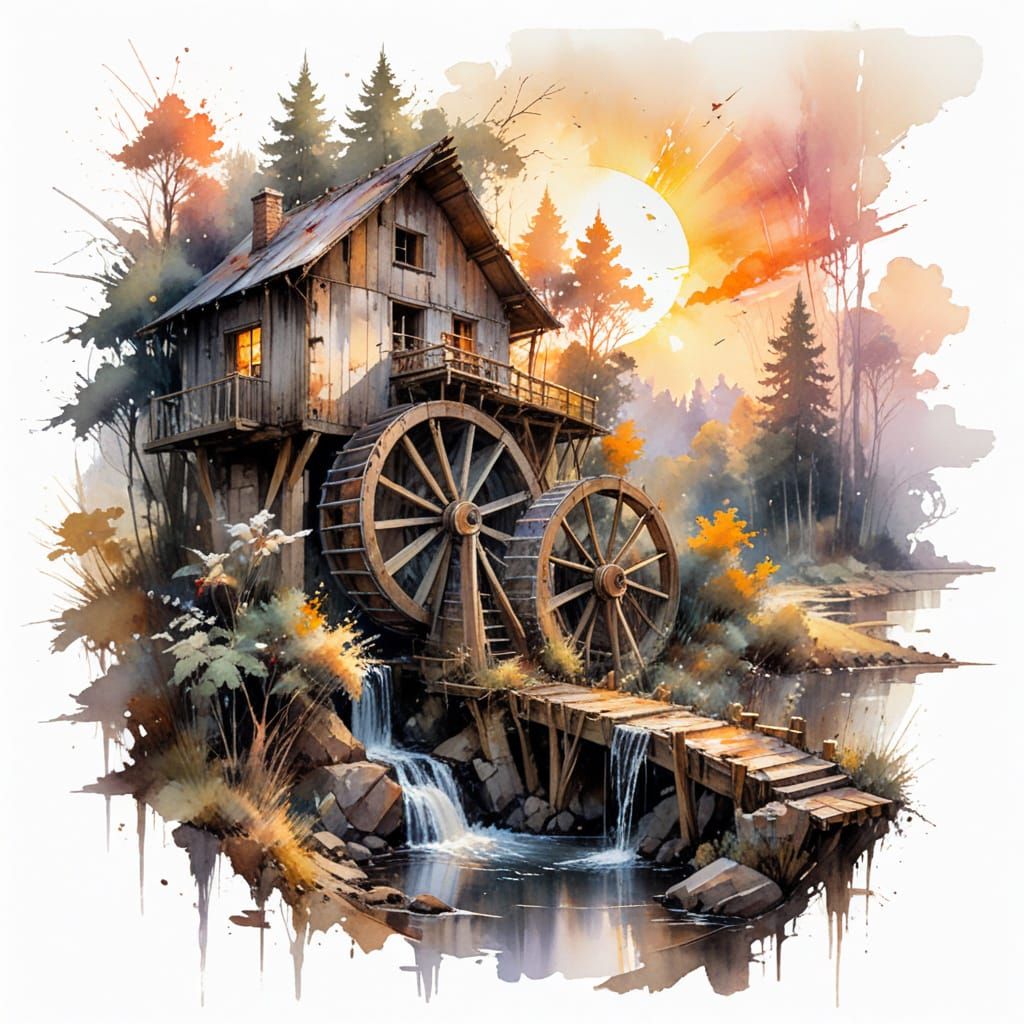 Surreal Sunset Waterwheel Amidst a Serene Cabin Scene in Wat...