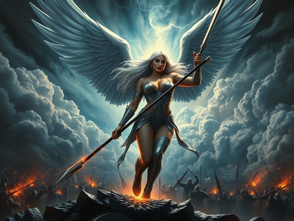 Voluptuous Valkyrie Descends in Ethereal Light