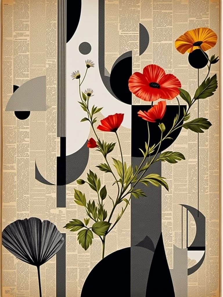 Abstract Collage of Poppy Flowers in a Dadaist Aesthetic