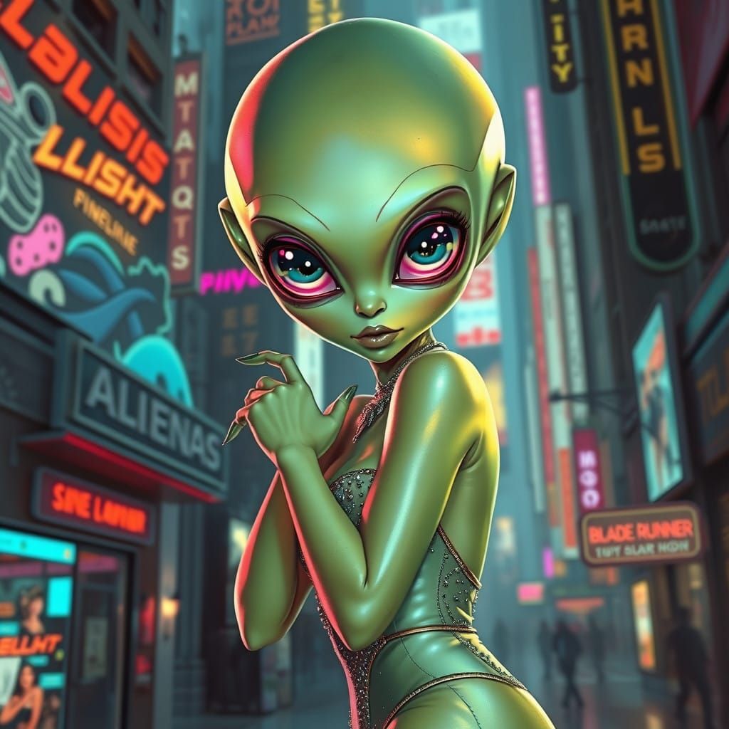 Sultry Alien Pin-Up in Retro-Futuristic Metropolis