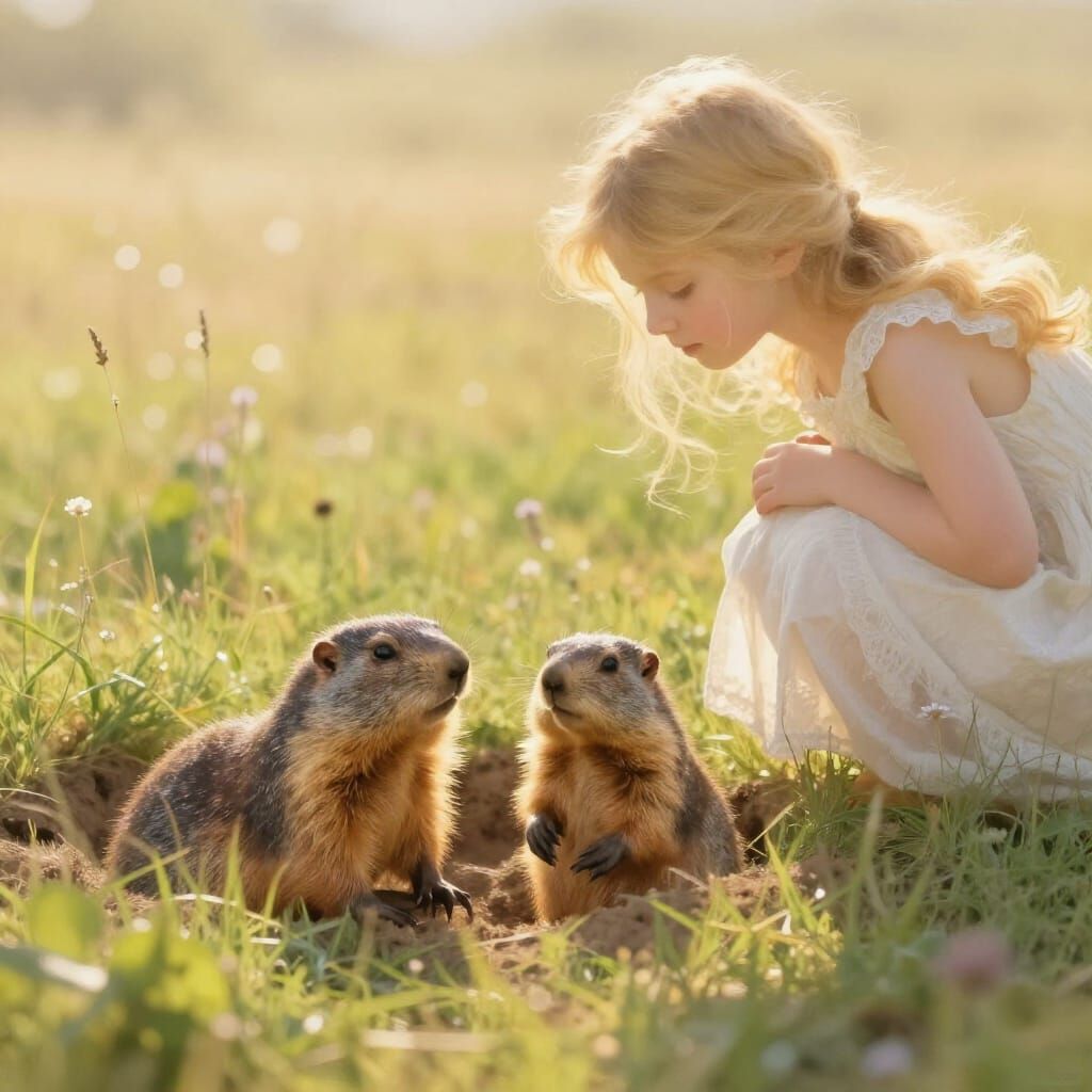 Ethereal Blonde Girl Observes Groundhogs in Sunlit Meadow
