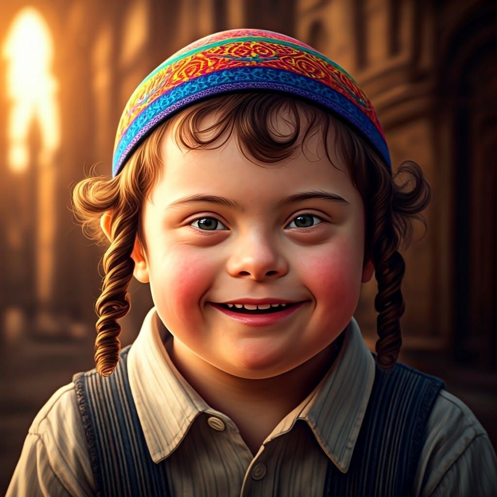 Joyful Haredi Hasidic Boy with Down Syndrome in Traditional...