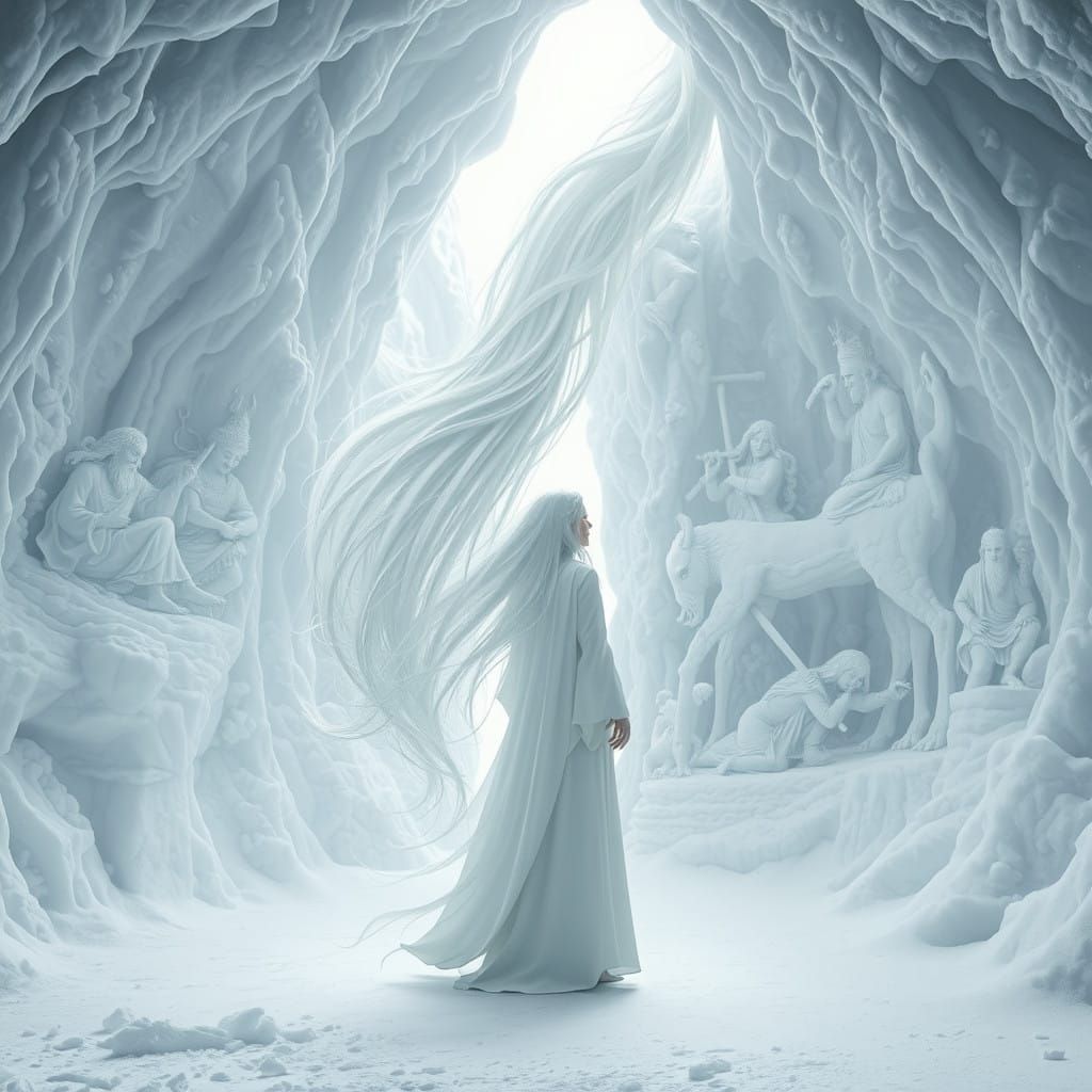 Ethereal Figure in Intricate Ice Cave