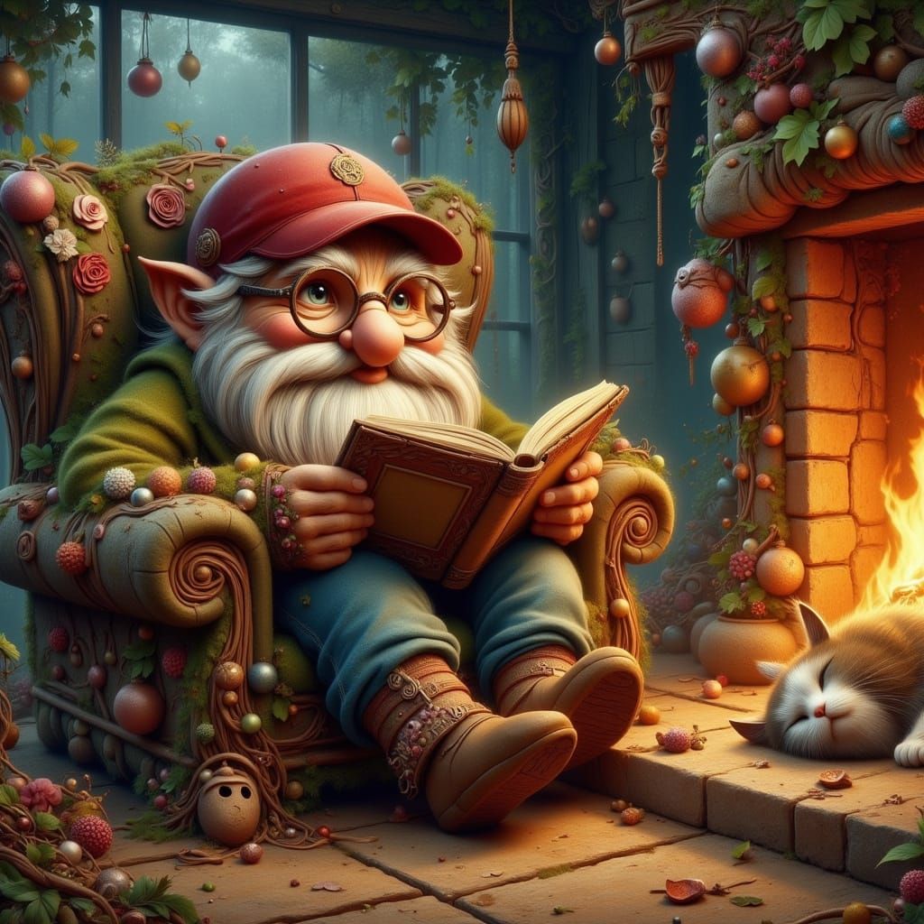 Jovial Dwarf Reads by Firelight in Cozy Chair