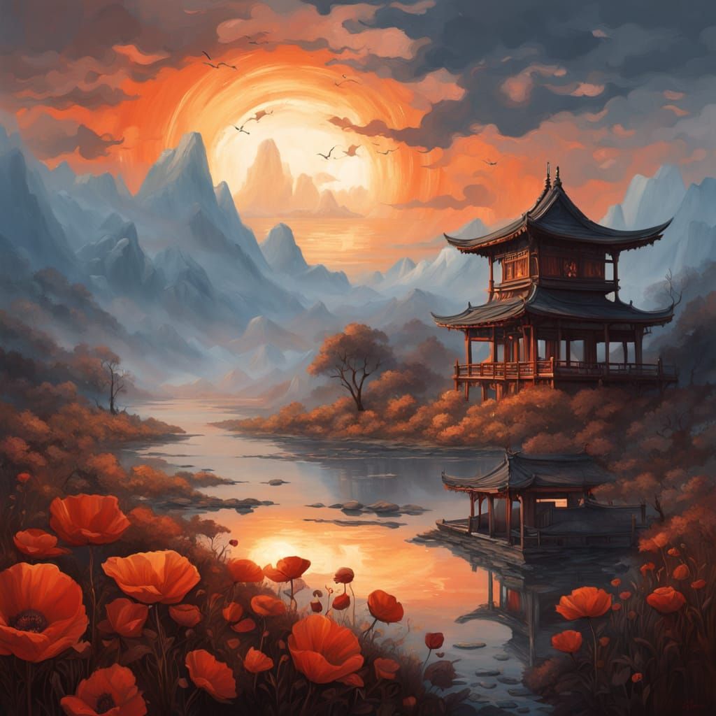 Mystical Fantasy Landscape at Sunset