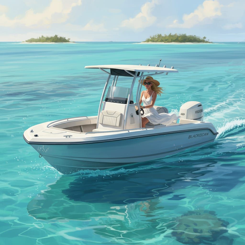 Woman Drives Blackjack Boat on Turquoise Water