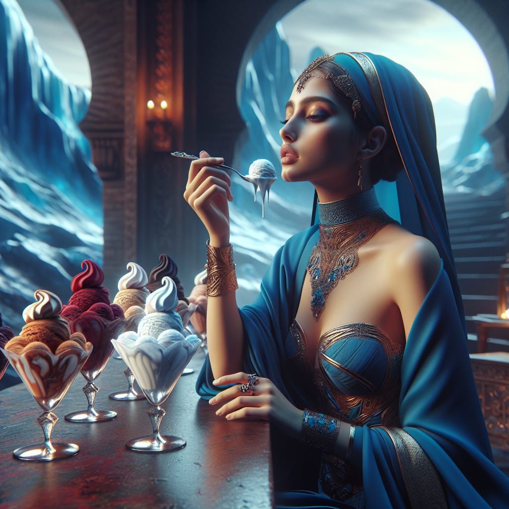 Woman in Blue Savoring Ice Cream, Matte Painting