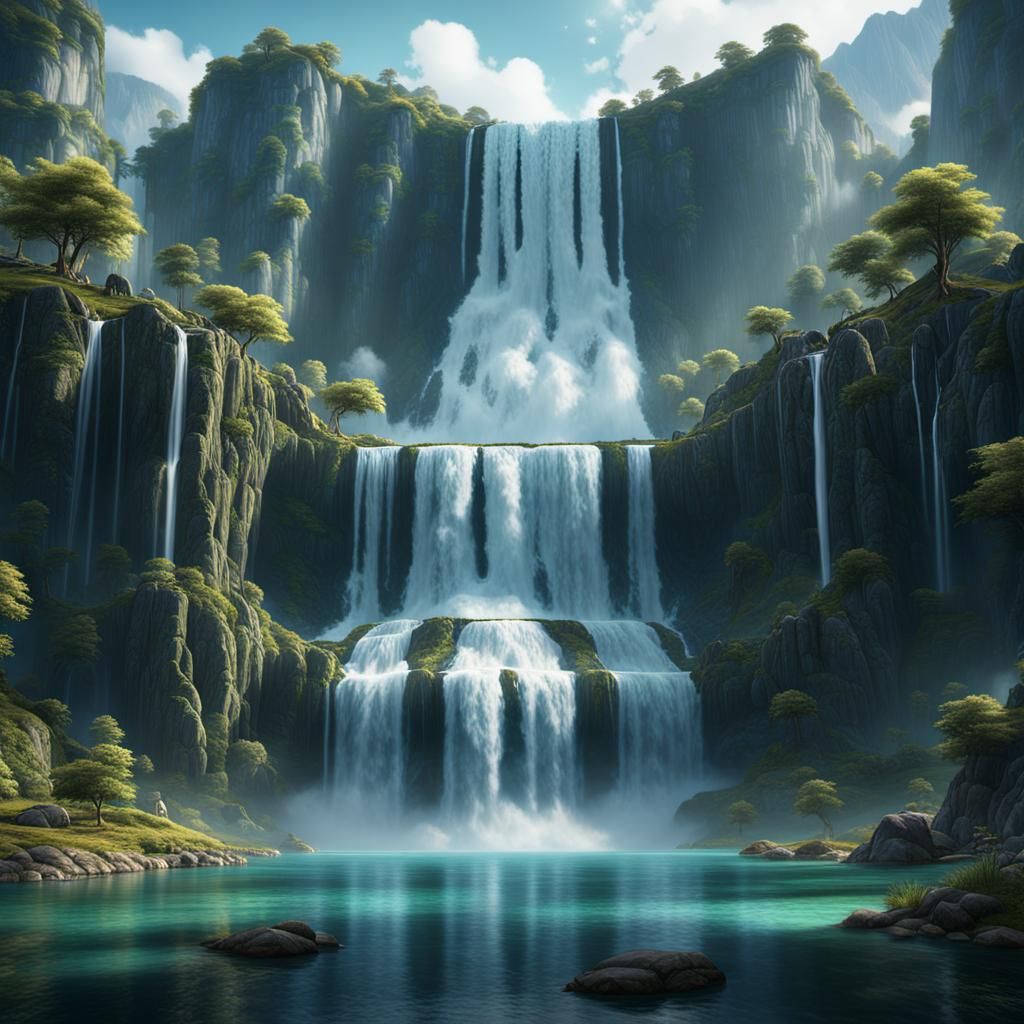 Majestic Waterfall and Lake: Fantasy Concept Art