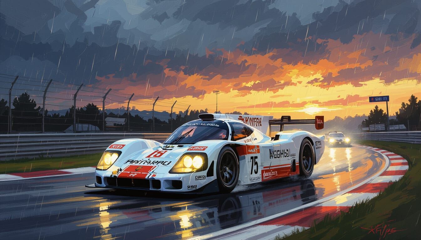 Porsche 962C Racing on Rainy Nürburgring at Twilight