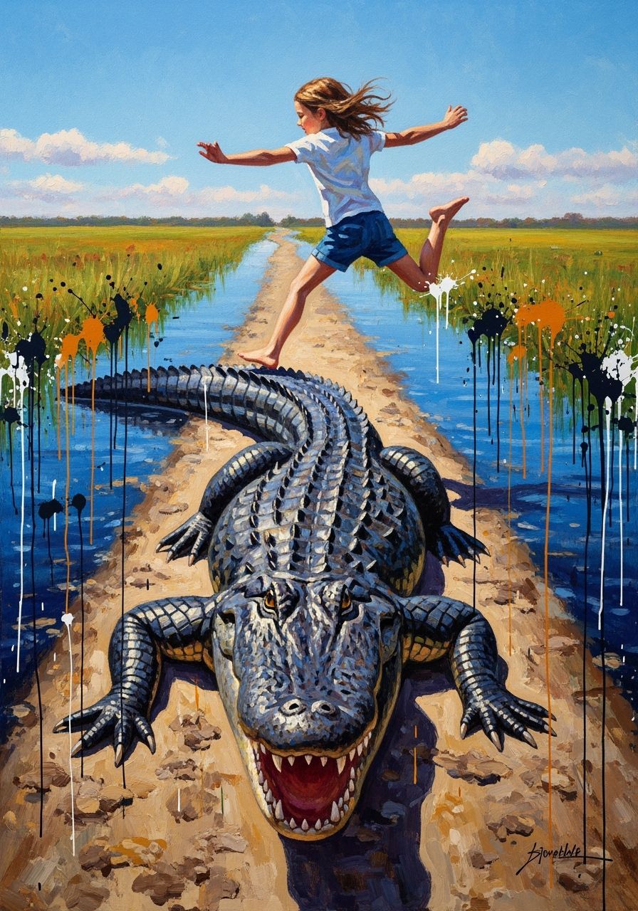 Exhilarated Girl Leaping Over Alligator in Impressionist Sty...