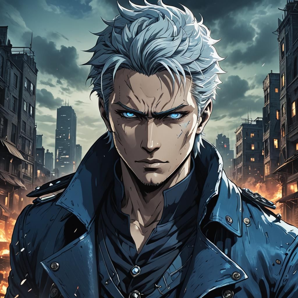 Vergil Anime Portrait in Ruined Cityscape