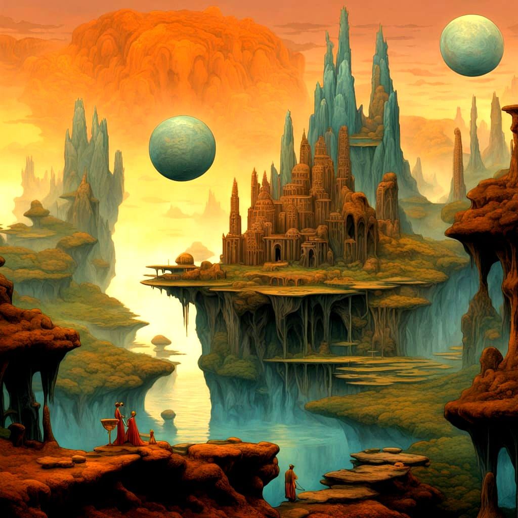 Mystical Abstract Landscape with Figures in Surreal Style