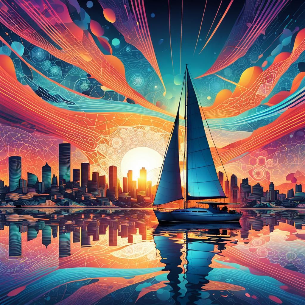 Futuristic Sealand City Sunset Sailing: Abstract Vector Art