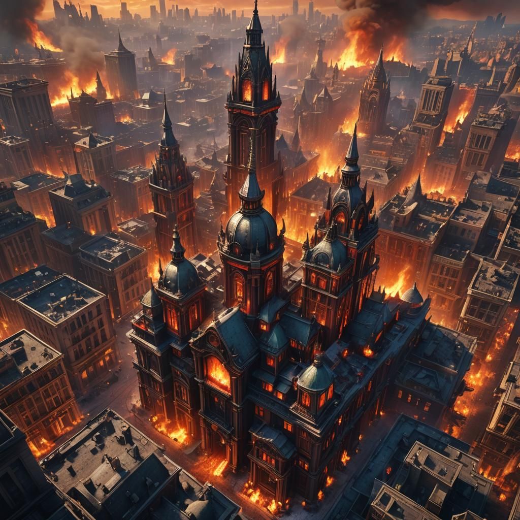 Metropolis Engulfed in Flames: Fantasy Concept Art