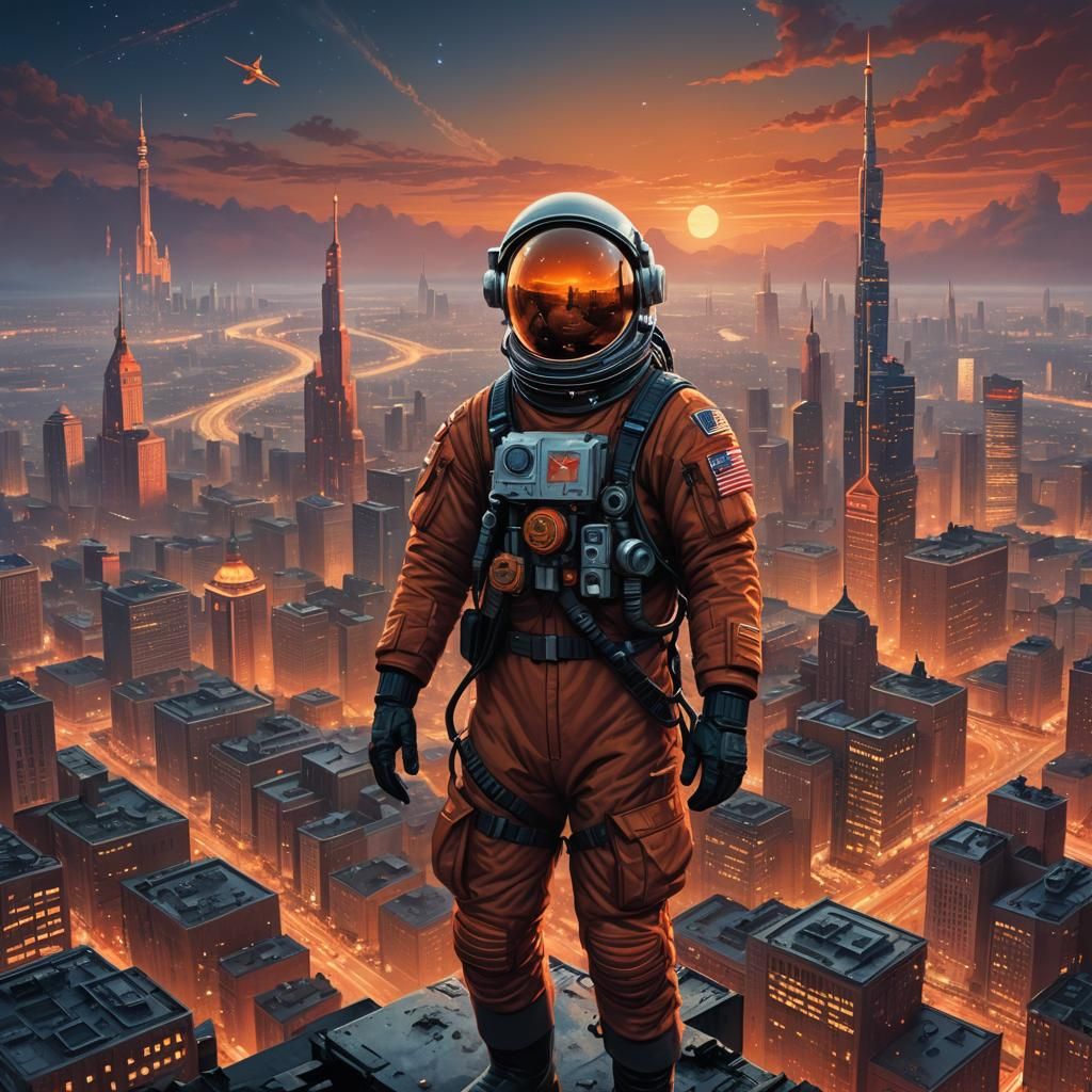 Soviet Cosmonaut in Metropolitan Cityscape Concept Art