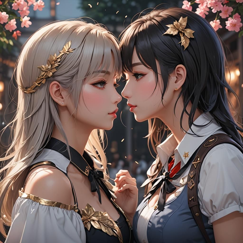 Anime Style: Two Girls Kissing in Detailed 3D