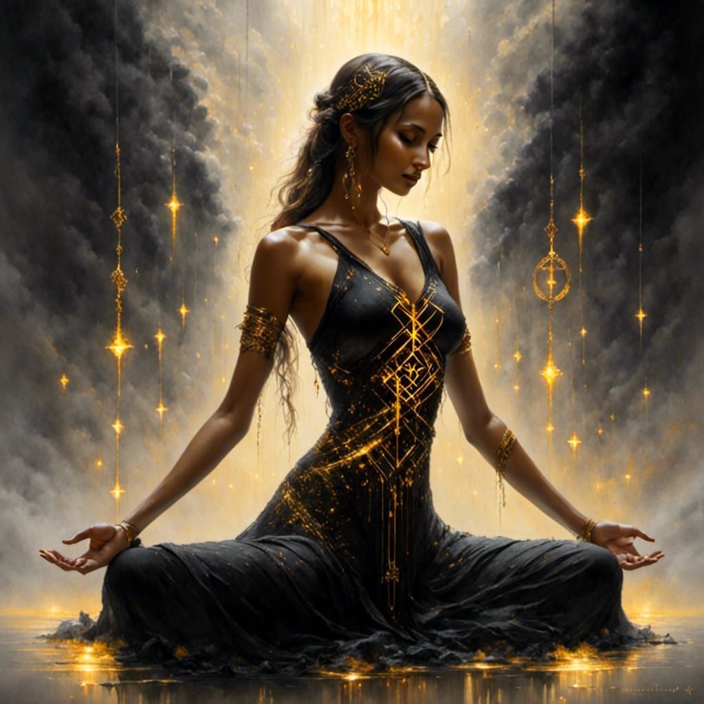 Meditating Woman with Glowing Runes in Dark Forest