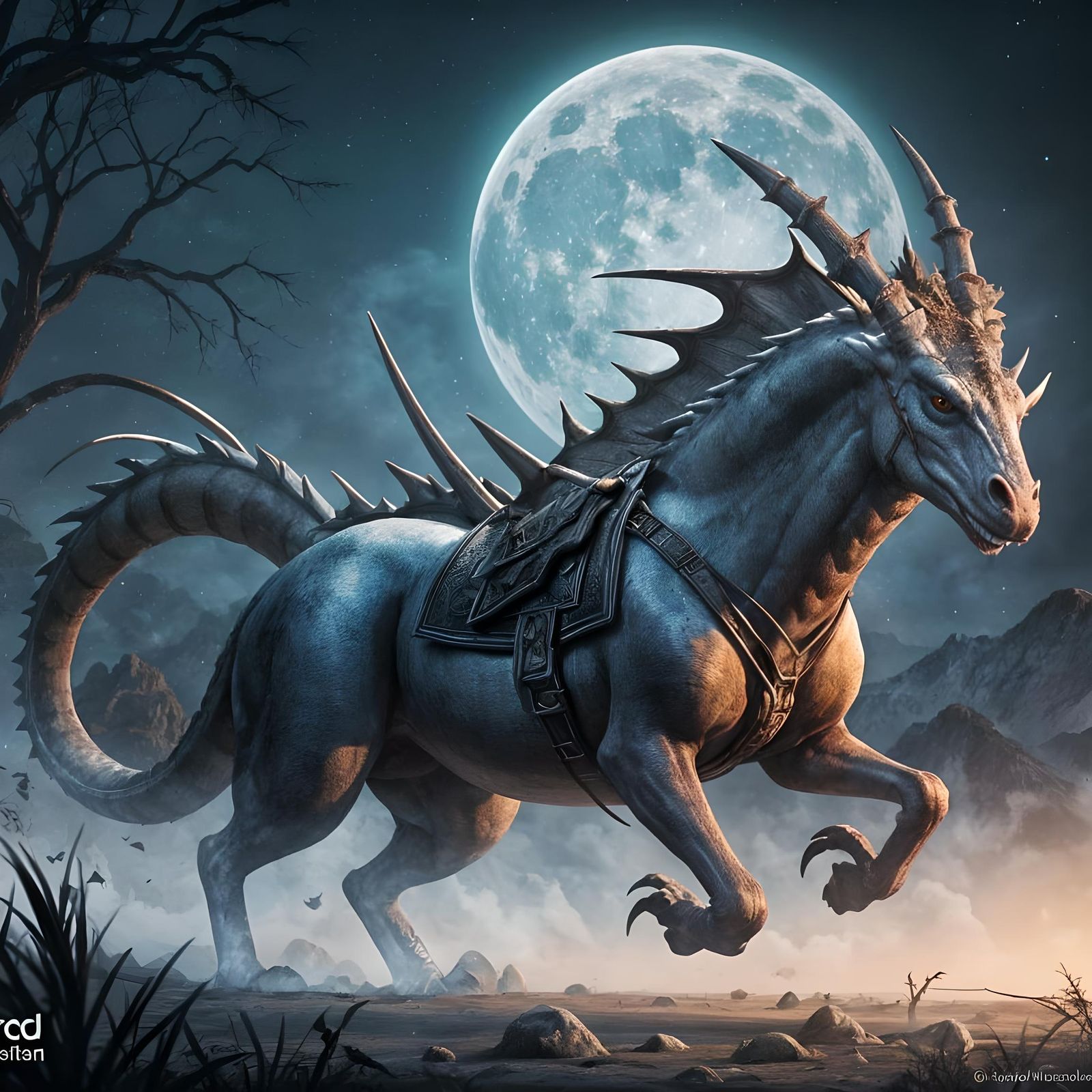 Woman on White Horse with Dragon in Watercolor