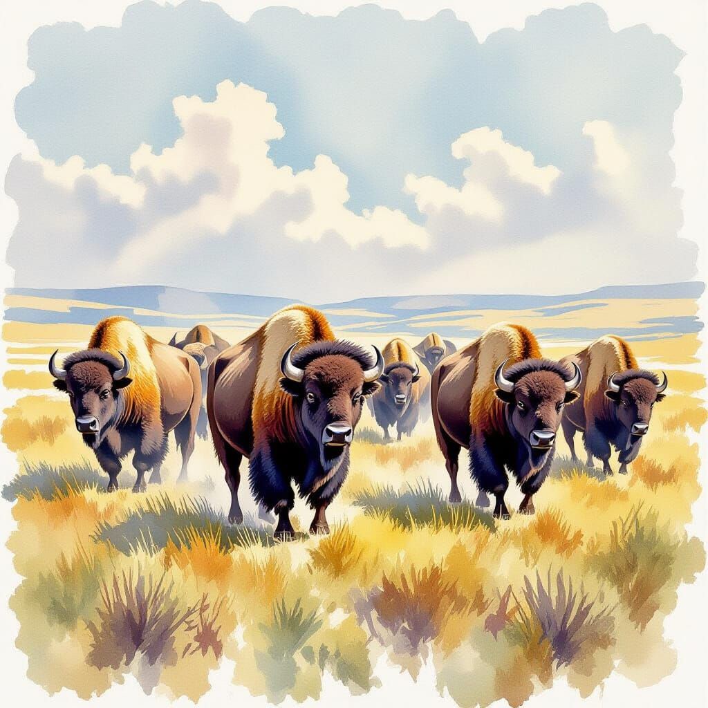 Bison Herd in Wild American Plains, Realistic Watercolor