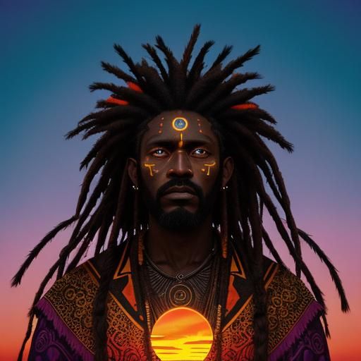 cinematic image of a Father Legba ( voodoo god) standing in a grassy savannah at sunset, with a sky of orange, pink, and...