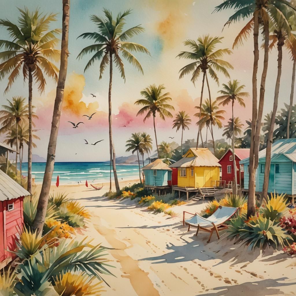 Watercolor Beach Scene with Palm Trees and Huts