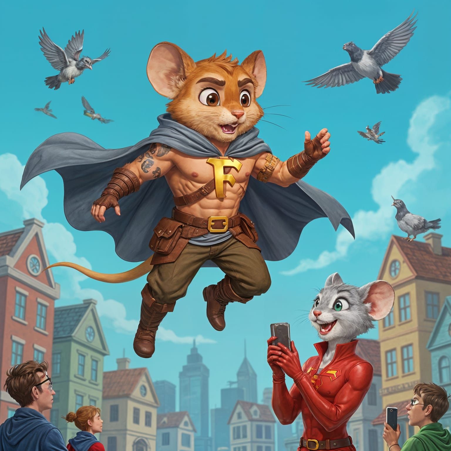 Muscular Mouse Adventurer Finn as Superman Caricature