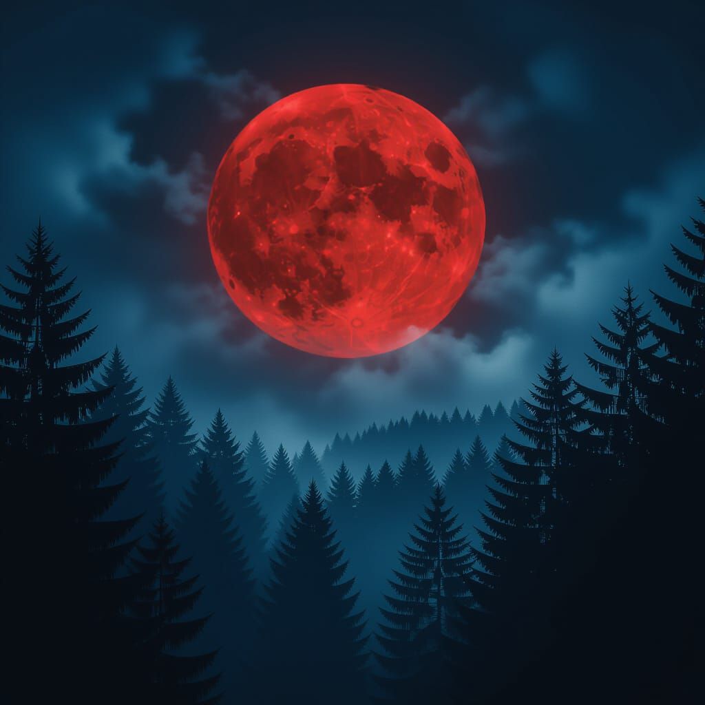 Dramatic Blood Moon Over Mysterious Forest