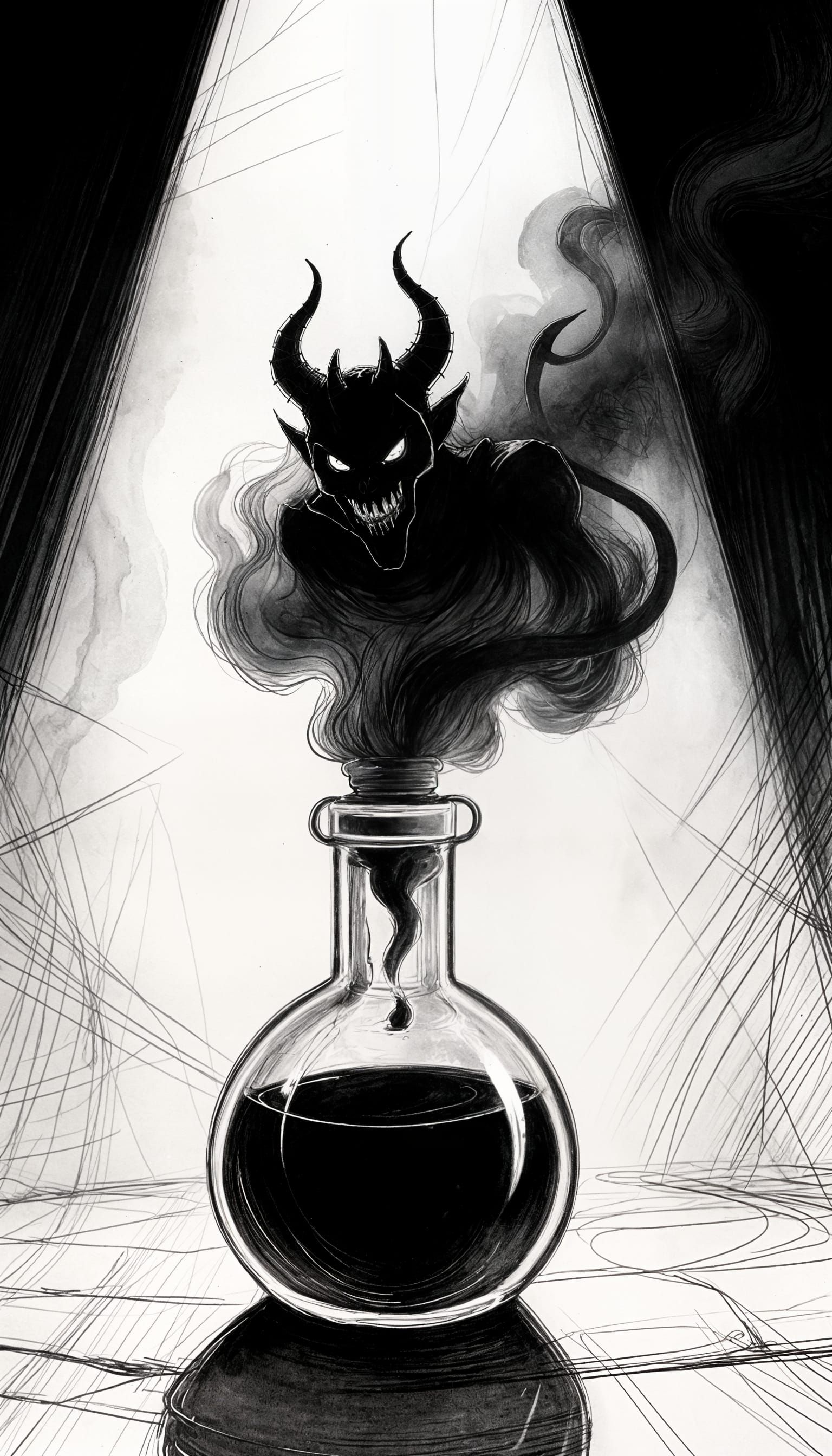 Demon Emerging From Potion Vial in Darkest Dungeon Style
