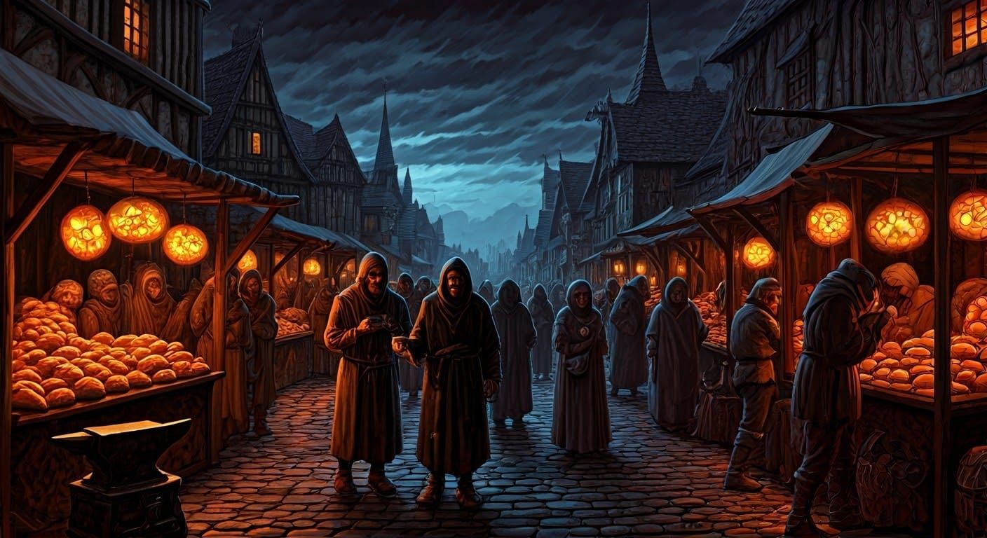 Bizarre Market in Medieval Town, Dark Fantasy Art