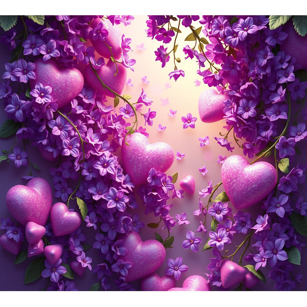 Dreamlike Purple Flowers and Love Hearts in Matte Painting