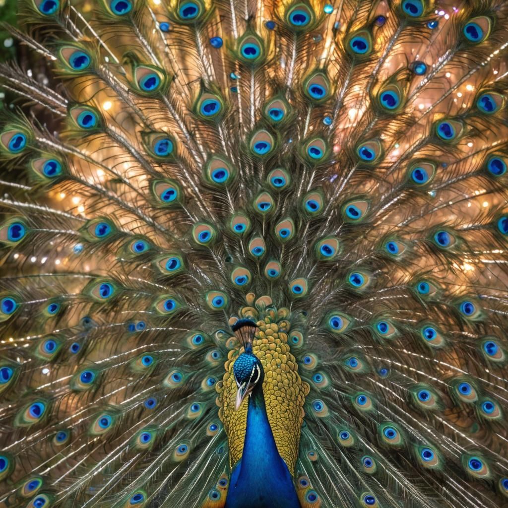 Majestic Peacock Displaying Plumage Under Colorful Sky