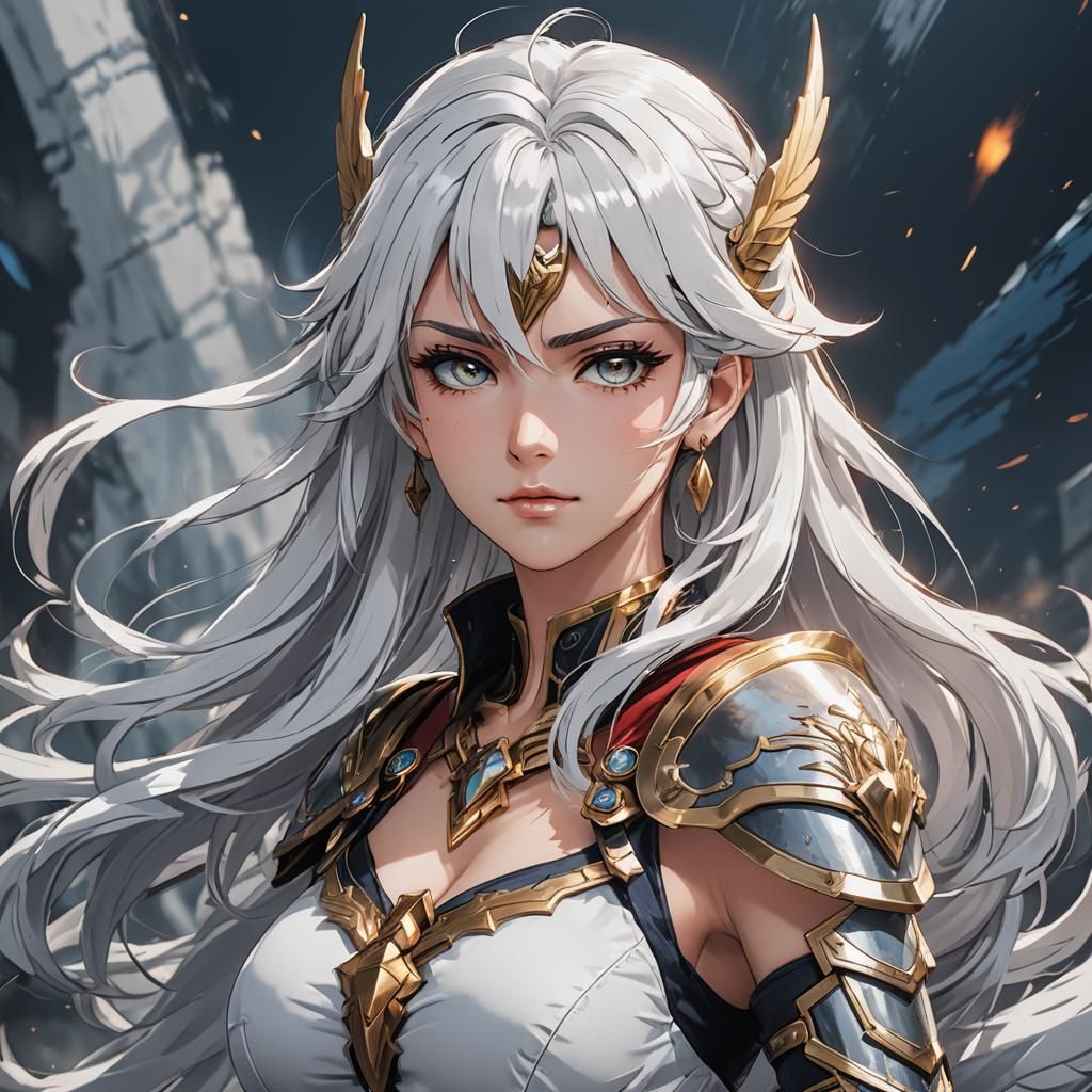 Anime Valkyrie with White Hair Cel-Shaded