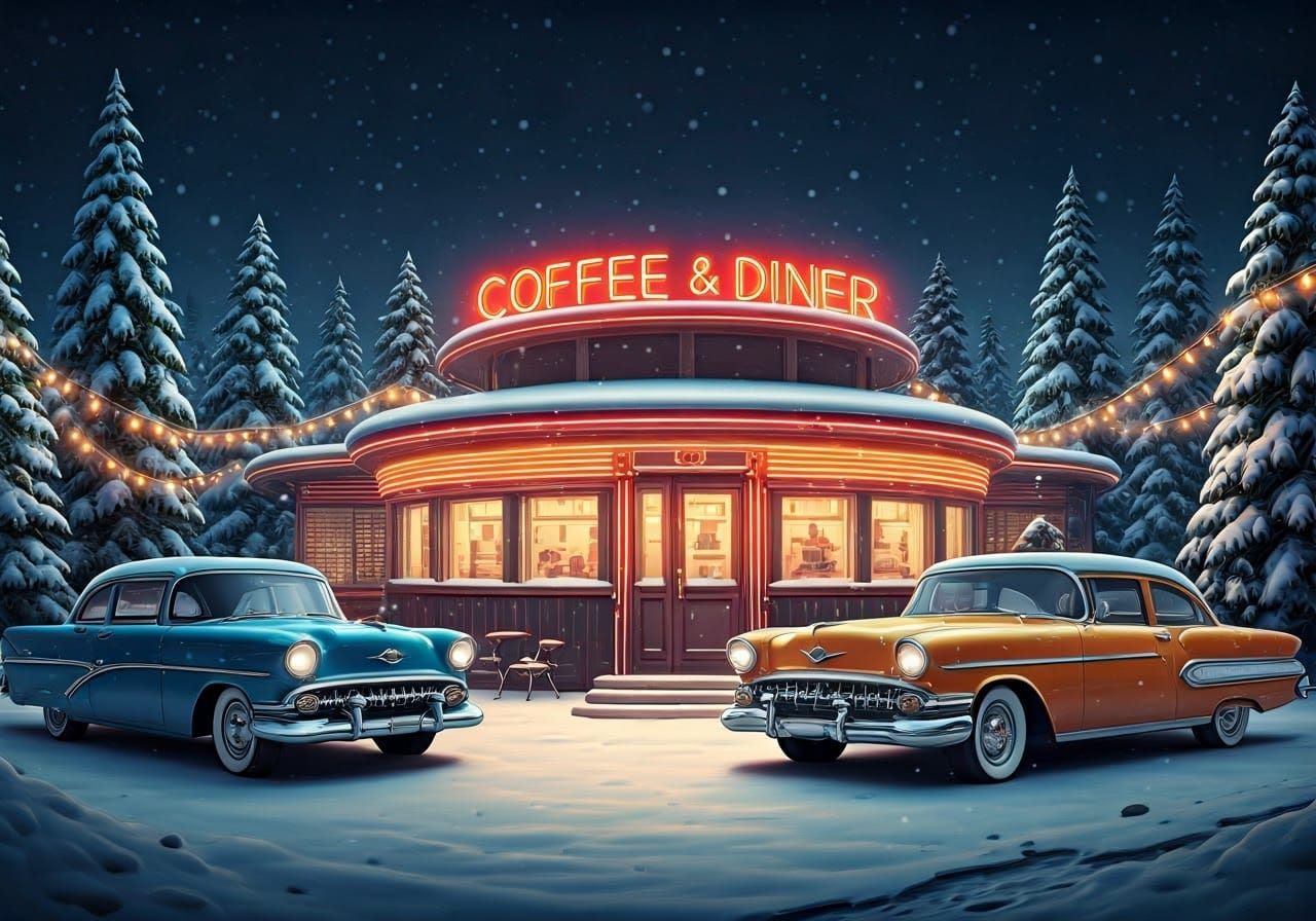 Retro Winter Wonderland Diner Scene