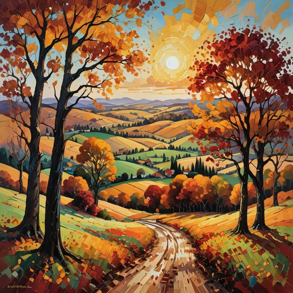 Autumn Sunset Landscape in Neo-Impressionist Style