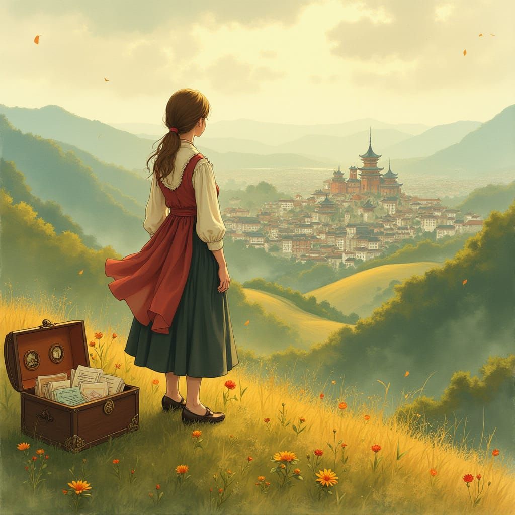 Woman Gazing at Distant China in Whimsical Style