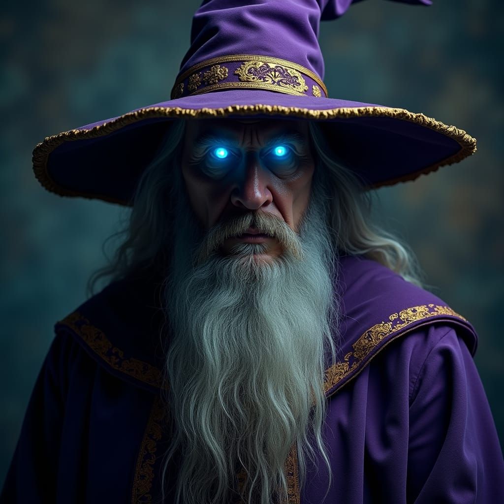 Evil Wizard with Glowing Eyes in Hyperrealistic Style