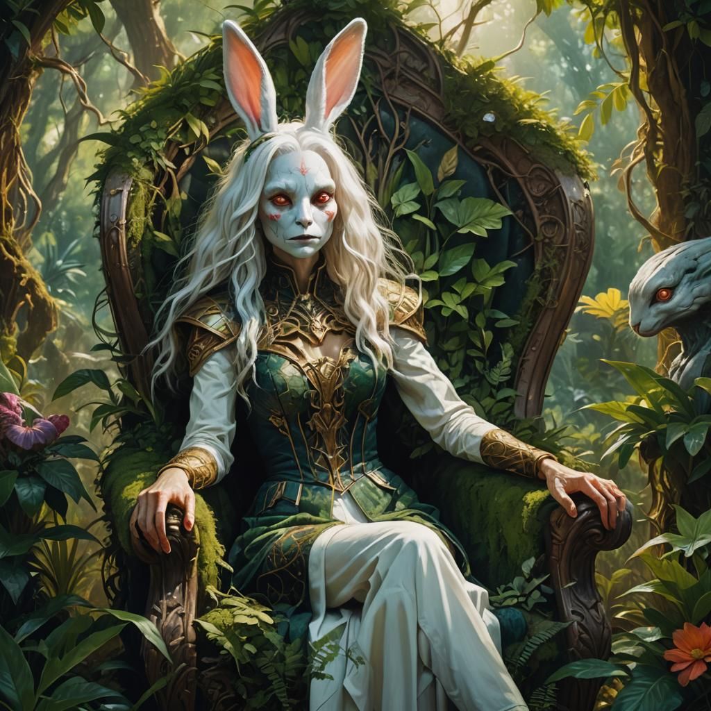 Rabbit-Faced Alien Woman on Throne, Digital Oil Painting