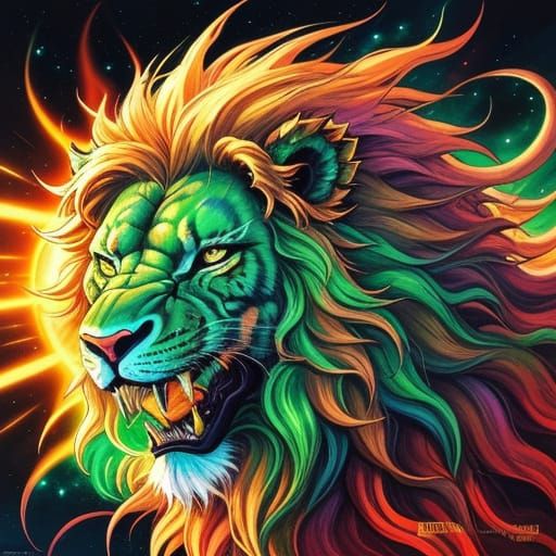 Green Alchemical Lion Eats the Sun in Anime Style